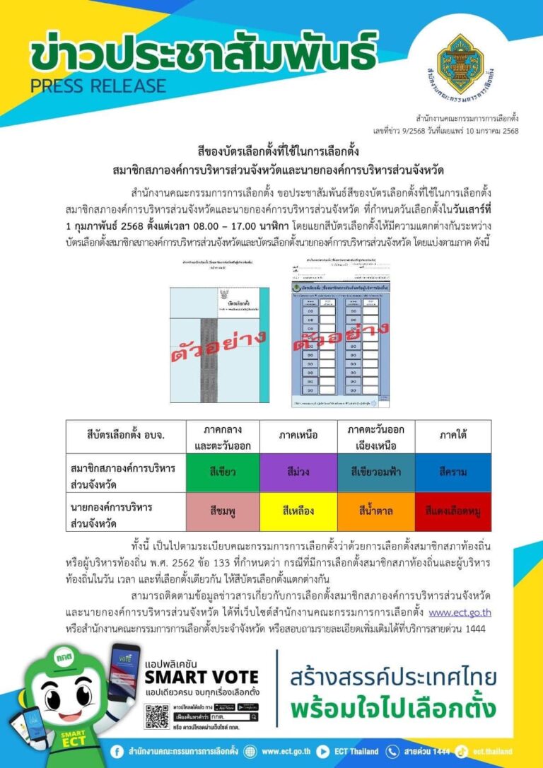 สีของบัตรเลือกตั้งที่ใช้ในการเลือกตั้งสมาชิกสภาองค์การบริหารส่วนจังหวัดและนายกองค์การบริหารส่วนจังหวัด