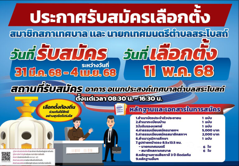 ประกาศรับสมัครเลือกตั้งสมาชิกสภาเทศบาล และนายกเทศมนตรีตำบลสระโบสถ์